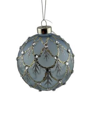 Matte Blue Glass w/ Silver Glitter and Crystals 4" Ornament NWT Dillards